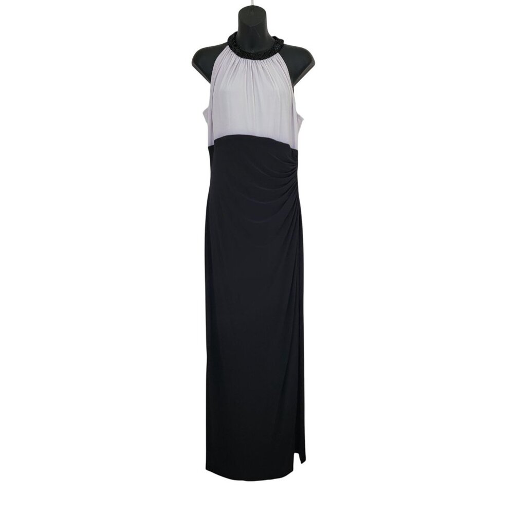 LAUREN Ralph Lauren Evening Black/White Maxi Halter Dress Beaded Neckline Sz 10
